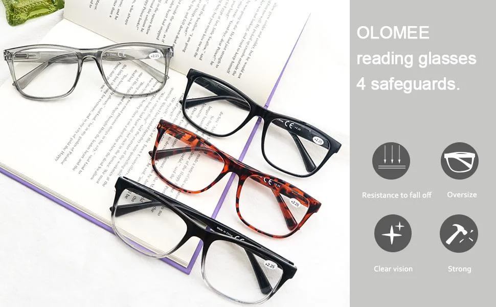 OLOMEE Reading Glasses 2.0 Oversize Large Square Men Readers 4 Pack,Comfort Lightweight Eyeglasses Flexible Spring Hinge 4 Mix Color 2.0 x - 4 Pack Men