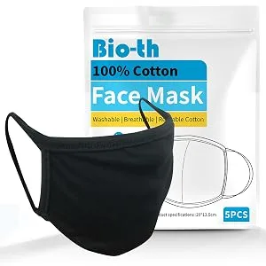 Bio-th Cloth Face Masks Reusable Washable - 5 Pack Black Face Masks Breathable Premium Comfort Ear loop Cotton Men Women L/XL - Temper Proof Packing