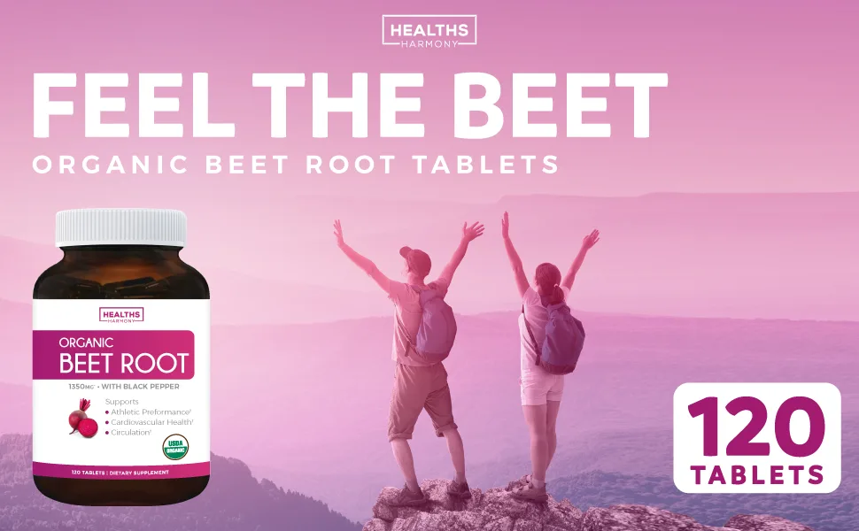 USDA Organic Beet Root Powder (120 Tablets) 1350mg Beets Per Serving with Black Pepper for Extra Absorption - Nitrate Supplement for Circulation, Heart Health, Super Athletic Performance - No Capsules - Organic Beet Root Powder 120 Tablets - Organic Black Pepper - Nitrate Supplement- Heart Health