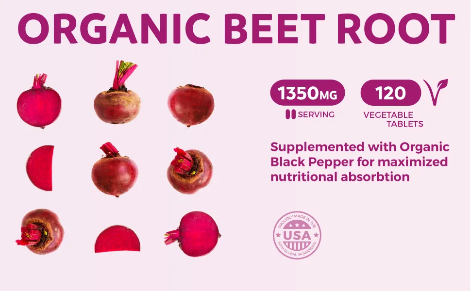 USDA Organic Beet Root Powder (120 Tablets) 1350mg Beets Per Serving with Black Pepper for Extra Absorption - Nitrate Supplement for Circulation, Heart Health, Super Athletic Performance - No Capsules - Organic Beetroot Capsules 1350mg - 120 Tablets - Lab Verified - With Organic Black pepper