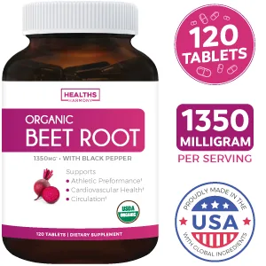 USDA Organic Beet Root Powder (120 Tablets) 1350mg Beets Per Serving with Black Pepper for Extra Absorption - Nitrate Supplement for Circulation, Heart Health, Super Athletic Performance - No Capsules - Organic Beetroot Powder Tablets - Supplement from Healths Harmony