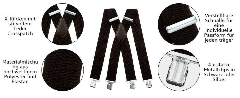 Olata Extra Width Men's H zf rs x shape with black or silver braces clips and thick fabric-5 cm black (black clips) - Product selling points