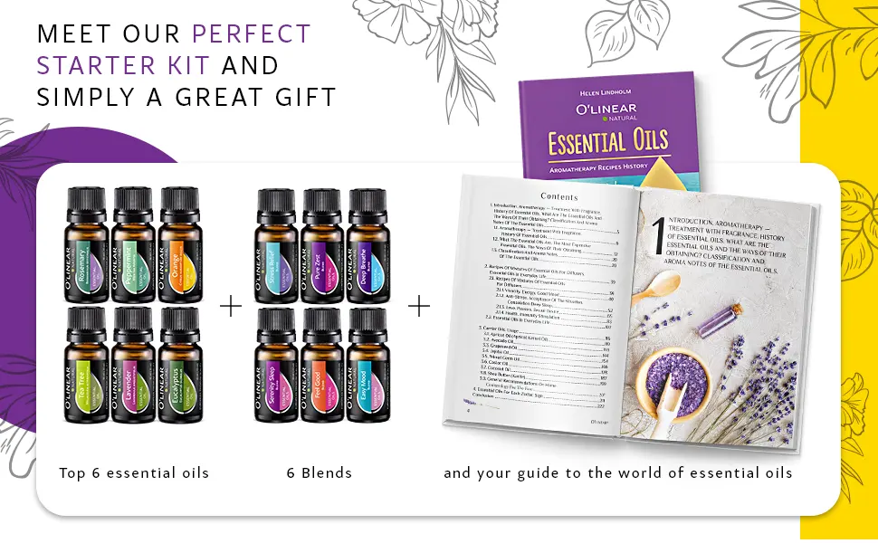 Top Essential Oils Set and Essential Oils Blends - Top 12/0.33oz (10ml) Essential Oils and Blends for Diffuser, Humidifier, Massage and Soul - Perfect Starter Kit Gift - Book & Life Recipes - Essential oils set for diffuser for home
