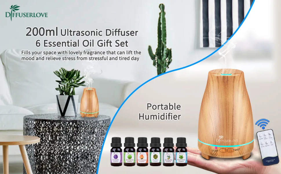 Diffuserlove Essential Oil Diffuser 200ML Ultrasonic Wood Grain Aroma Diffuser Mist Humidifiers with 7 Color LED Lights and Waterless Auto Shut-Off for Bedroom Office Room House - diffuser