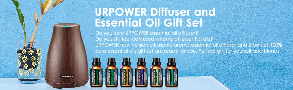 URPOWER Classical Essential Oil Diffuser with 6 Bottles 100% Pure Essential Oils, Gift Set Aroma Cool Mist Humidifier Aromatherapy Oil Diffuser Essential Oils for Home and Office Brown - product information 1