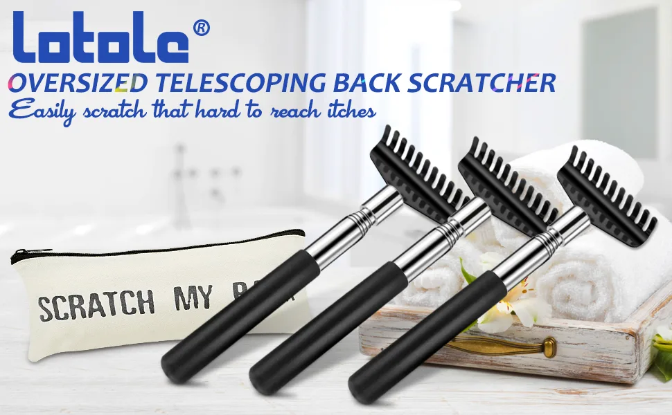 3PC-Pack Extendable Back Scratcher, Oversized Metal Stainless Steel Telescoping Back Scratchers for Men Women Adults with Scratch My Back Unique Canvas Zipper Bag - back scratcher