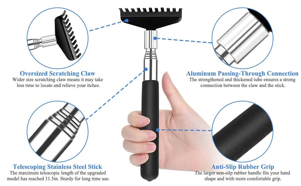 3PC-Pack Extendable Back Scratcher, Oversized Metal Stainless Steel Telescoping Back Scratchers for Men Women Adults with Scratch My Back Unique Canvas Zipper Bag - back scratcher for men