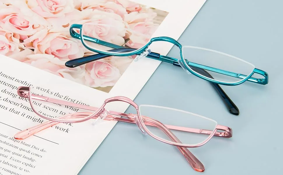 KoKoBin Half Reading Glasses,2 Pack Half Rim Metal Frame Glasses Spring Hinge Readers with Leather Pouch for Men and Women (Blue+Pink,2.00) Blue&pink 2.0 x - product information 2