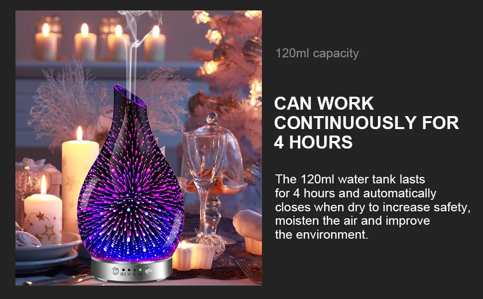 MAXWINER Essential Oil Diffuser Ultrasonic 3D Glass Aromatherapy Diffuser, Auto Shut-Off, Timer Setting, 7 Colors LED Lights Changing for Home, Office, Spa 120ml 3d Firework - 120 ml capacity