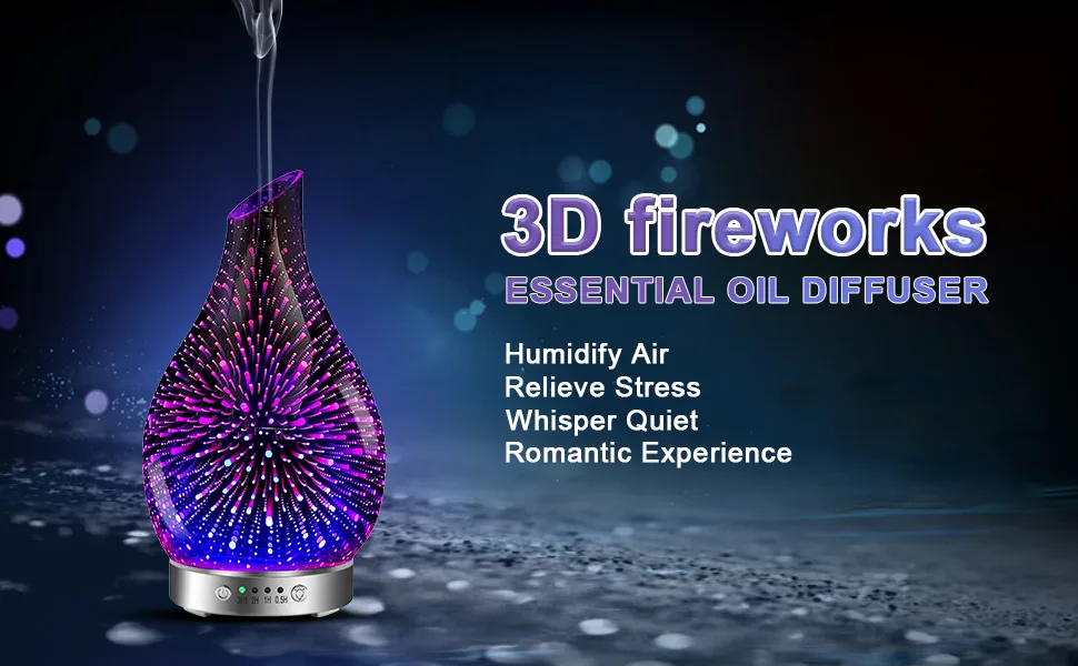 MAXWINER Essential Oil Diffuser Ultrasonic 3D Glass Aromatherapy Diffuser, Auto Shut-Off, Timer Setting, 7 Colors LED Lights Changing for Home, Office, Spa 120ml 3d Firework - 3D Fireworks