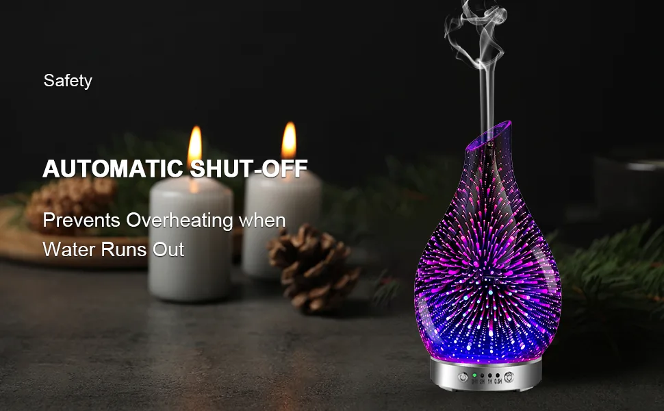 MAXWINER Essential Oil Diffuser Ultrasonic 3D Glass Aromatherapy Diffuser, Auto Shut-Off, Timer Setting, 7 Colors LED Lights Changing for Home, Office, Spa 120ml 3d Firework - Automatic Shut-Off