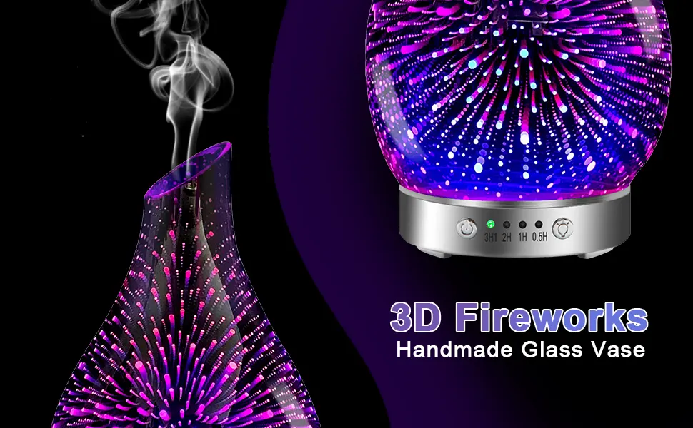 MAXWINER Essential Oil Diffuser Ultrasonic 3D Glass Aromatherapy Diffuser, Auto Shut-Off, Timer Setting, 7 Colors LED Lights Changing for Home, Office, Spa 120ml 3d Firework - Handmade Glass Vase
