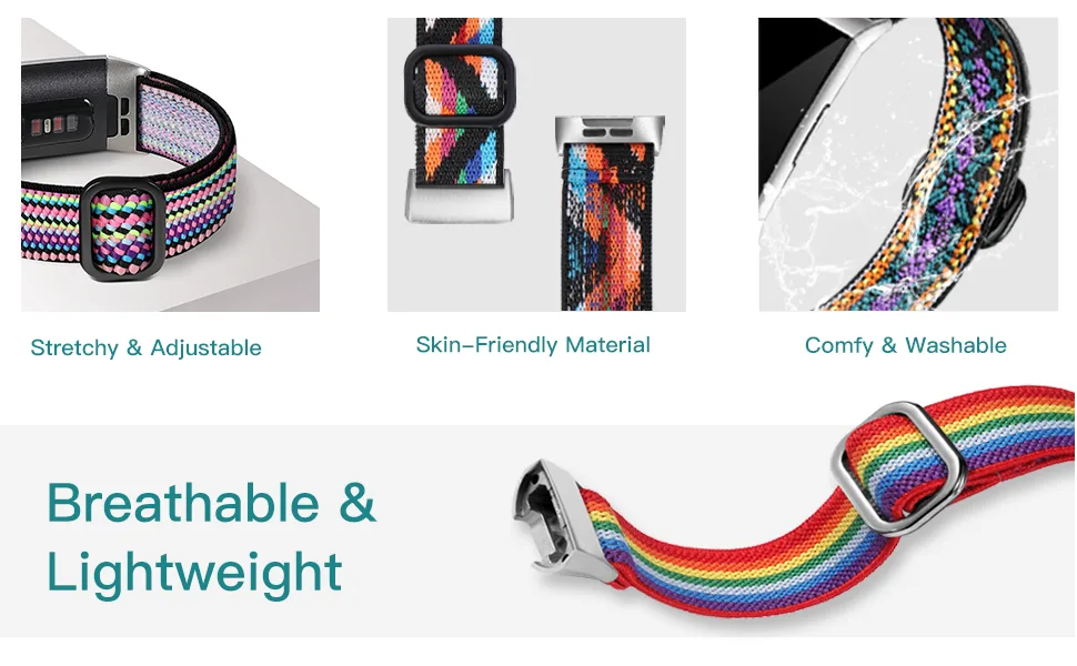 Witzon Adjustable Elastic Bands Compatible with Fitbit Charge 4 / Charge 3 / 3SE Bands, Breathable Loop Fabric Pattern Replacement Strap Stretchy Charge 3 Wristbands for Women Men, Solid Black - charge 4 band rainbow