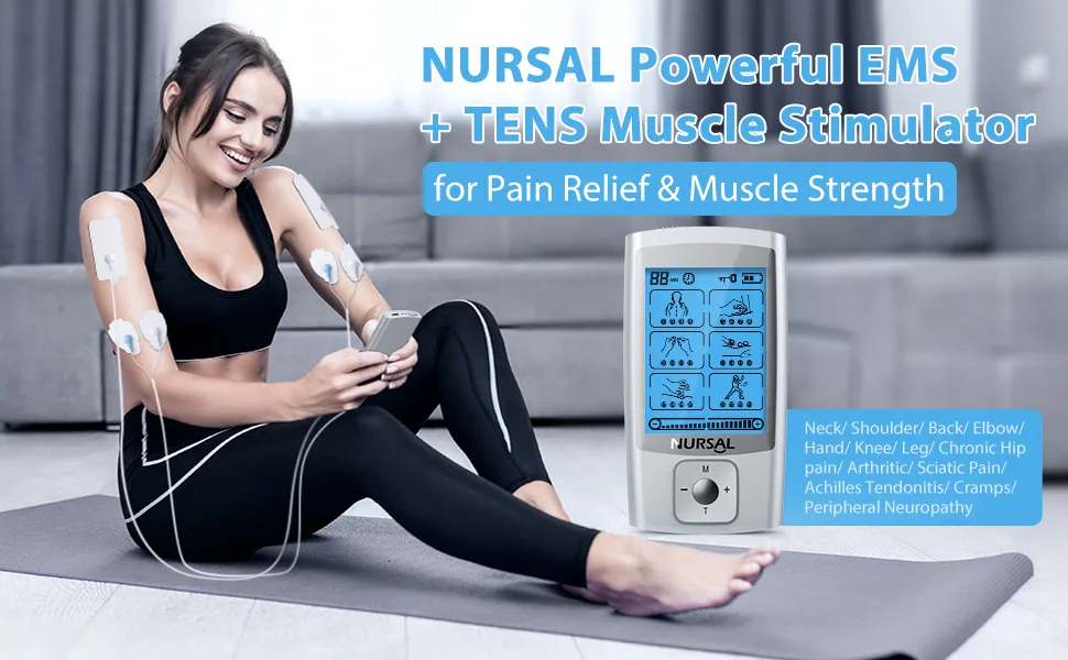 NURSAL 24 Modes TENS Unit Muscle Stimulator with Continuous Stimulation, Rechargeable Electronic Pulse Massager with 8 Pads for Back and Shoulder Pain Relief and Muscle Strength - tens unit
