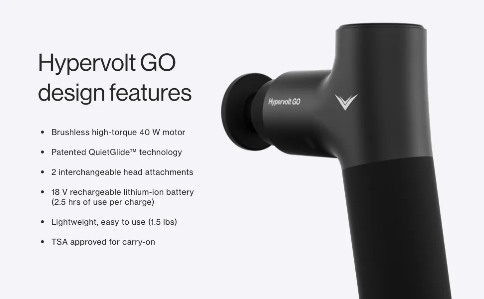 Hyperice Hypervolt GO - Deep Tissue Percussion Massage Gun - Take Pain Relief and Sore Muscle Recovery on The GO with This Surprisingly Powerful, Whisper-Quiet Portable Handheld Electric Massager. - Hypervolt GO Design Features