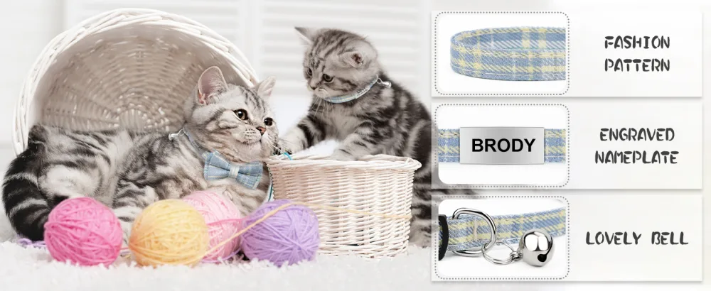 Tagme cats collars with names and telephone number kitten neck band with safety closure and bell plaid light blue 1 Pack plaid light blue - cat collar