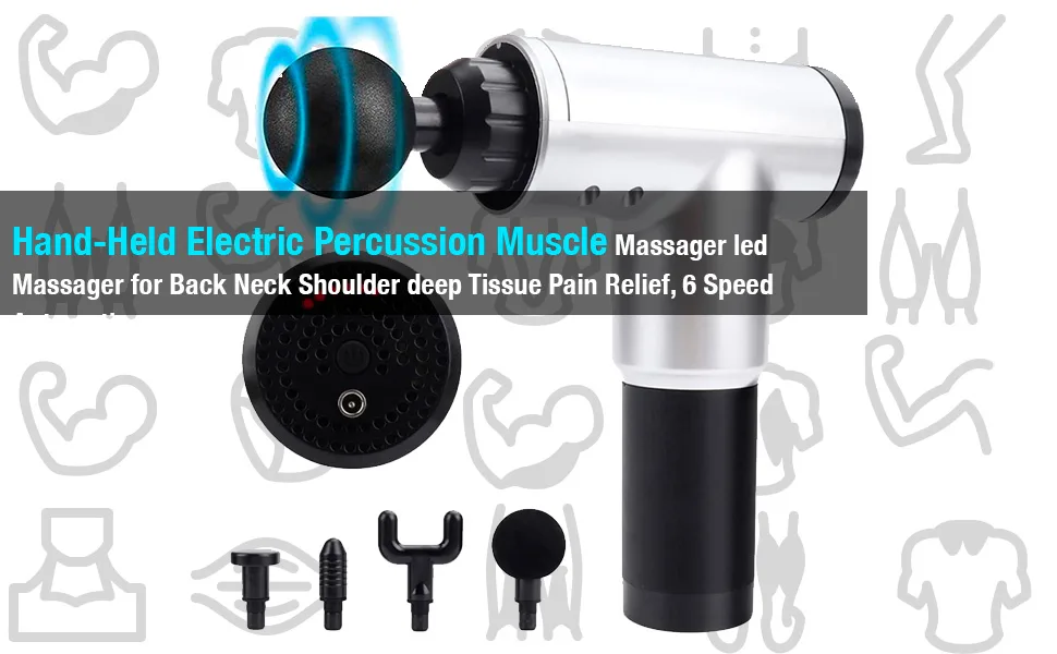 Hand-Held Electric Percussion Muscle Massager led Massager for Back Neck Shoulder deep Tissue Pain Relief, 6 Speed Automatic Percussion Massage Machine, Super Quiet. (Silver) - Masajeador