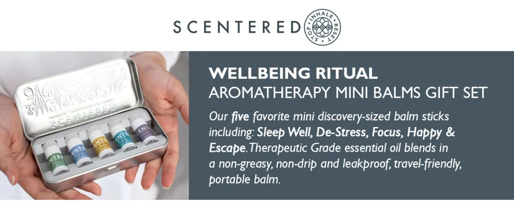 Scentered Aromatherapy Balm Mindful Minis in Gift Set Tin - Essential Oil Blends: Sleep Well, De-Stress, Escape, Happy & Focus Gift Tin - Scentered Aromatherapy Mini discovery sized Balms Set of 5