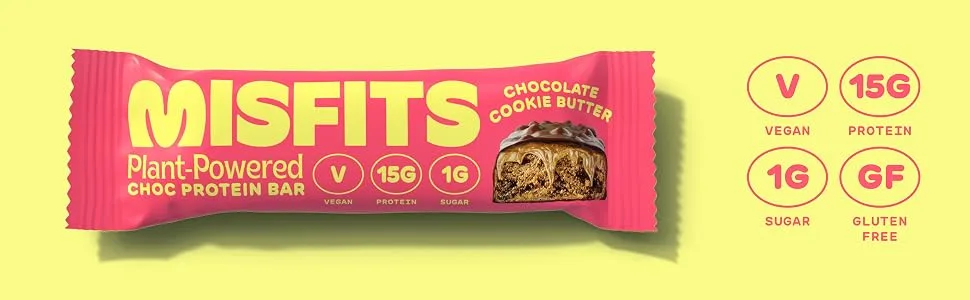 Misfits Vegan Protein Bar, Cookie Butter, Plant Based Chocolate Protein Bar, High Protein, Low Sugar, Low Carb, Gluten Free, Dairy Free, Non GMO, 12 Pack - Misfits Cookie Butter High Protein Vegan Chocolate Bar Key Benefits