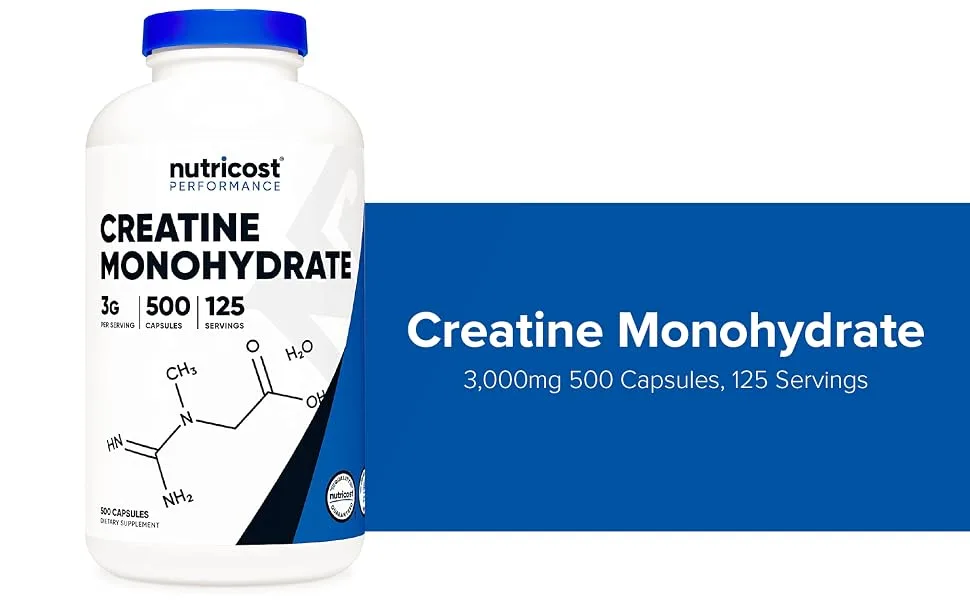 Nutricost Creatine Monohydrate 3000mg (750mg Per Cap), 500 Capsules (3 Bottles) 3 Bottles (Best Deal) - creatine Monohydrate 3,000mg 500 Capsules, 125 Servings, 750mg of Creatine Monohydrate Per Capsule