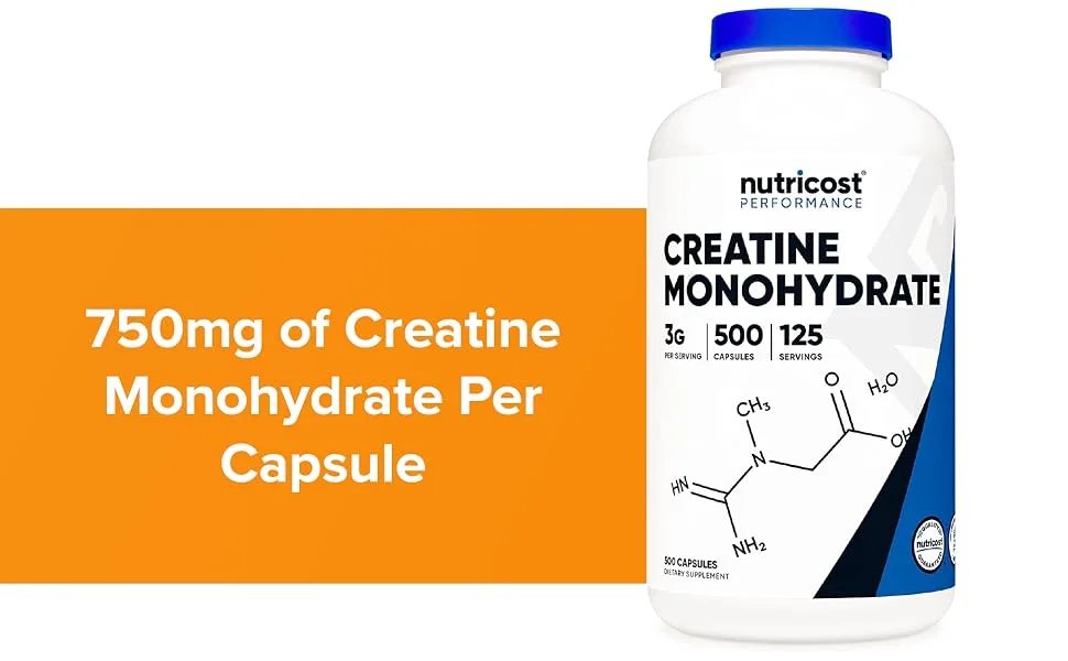 Nutricost Creatine Monohydrate 3000mg (750mg Per Cap), 500 Capsules (3 Bottles) 3 Bottles (Best Deal) - creatine Monohydrate 3,000mg 500 Capsules, 125 Servings, 750mg of Creatine Monohydrate Per Capsule