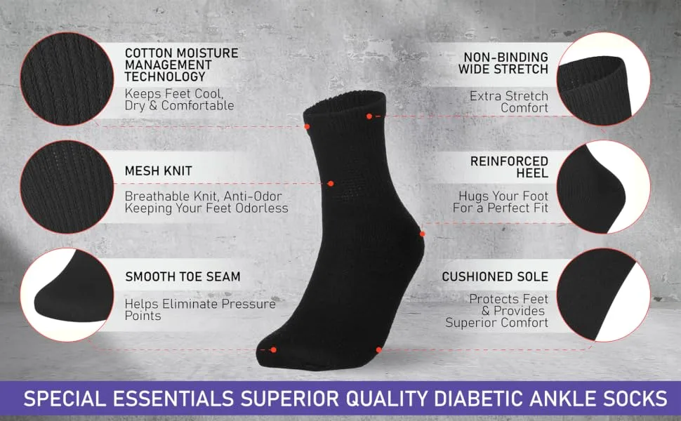 Special Essentials 12 Pairs Men's Cotton Diabetic Ankle Socks Black Grey White (10-13, Black) Large Black - DIABETIC SOCKS ANKLE