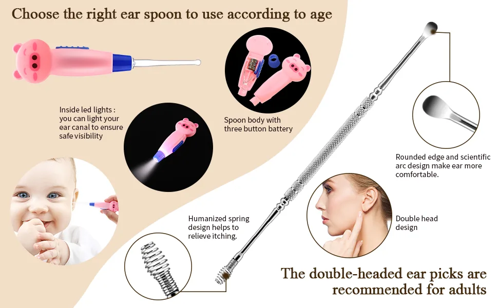 Earwax Remover Tool - 4 Pieces LED Earwax Spoon Safe Ear Pick Spoon and Stainless Steel Double-end Earwax Spoon - product information 5