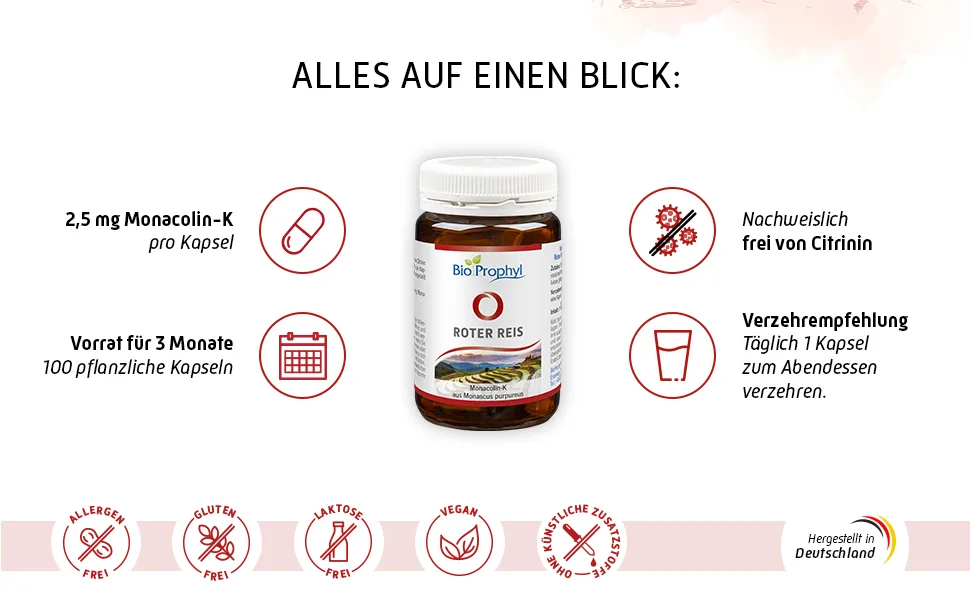 BioProphyl Red Rice 2.5 mg Monacolin-K from Monascus Purpureus - free from citrinin - 100 vegetable capsules for three months - Qualität