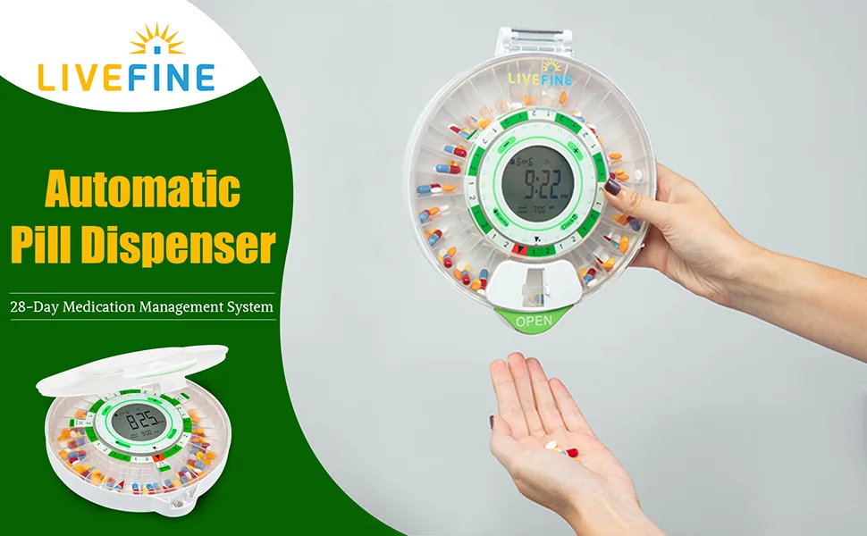 LiveFine 28-Day Automatic Pill Dispenser with Upgraded LCD Display, Key Lock, Sound & Light for Prescriptions, Medication, Vitamins, Supplements & More Clear Lid - product information 1