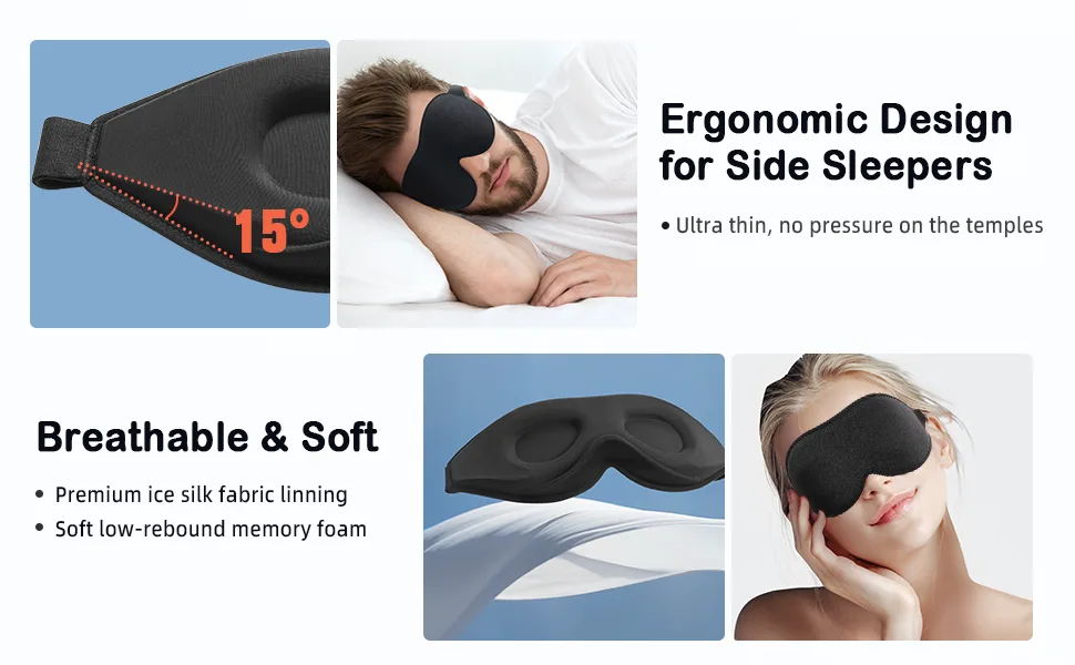 LitBear Eye Mask for Sleeping, Sleep Masks for Women Men Side Sleeper 2022 Light Blocking, 3D Contoured Cup Sleeping Mask, Soft Breathable Sleep Eye Mask with Adjustable Elastic Strap for Flight Nap Black - For Side Sleepers-Breathable-Soft