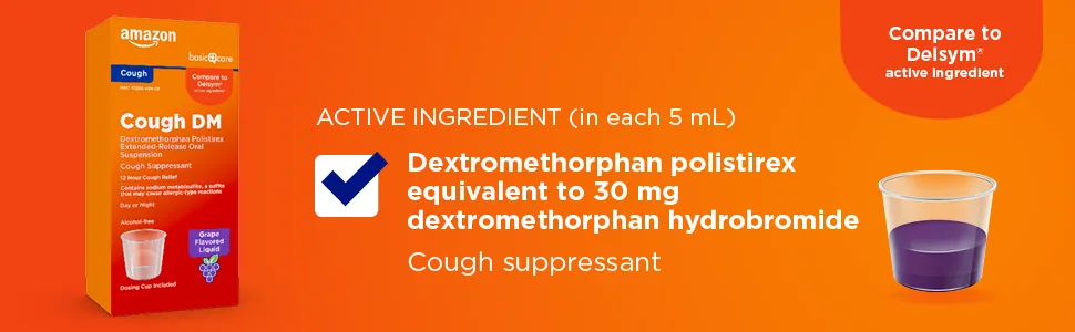 Amazon Basic Care Cough Suppressant DM, Grape Flavor; Cough Suppressant for Adults, 5 Fluid Ounces - amazon basic care Cough DM active ingredient