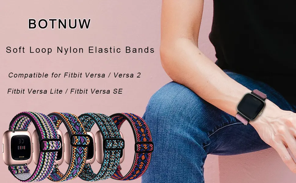 BOTNUW 4 Pack Elastic Bands Compatible with Fitbit Versa 2 /Versa /Versa SE/Versa Lite Wristbands Fitness Smart Watch, Soft Loop Nylon Adjustable Stretchy Replacement Straps for Women Men Boho Green & Colorful & Leopard & … - fitbit versa 2 bands