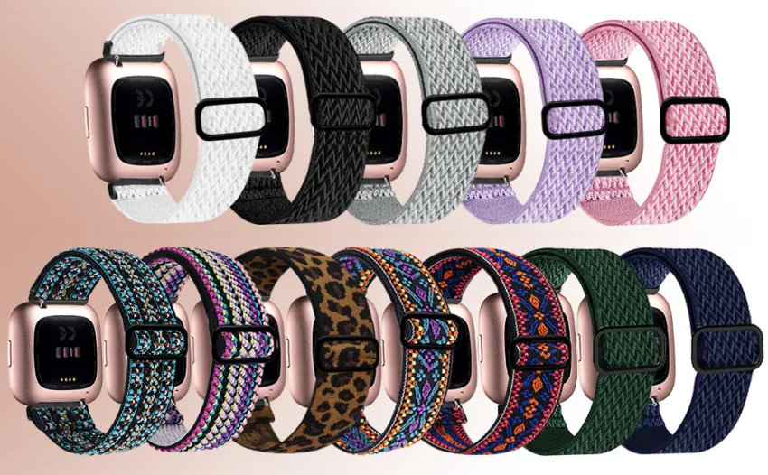 BOTNUW 4 Pack Elastic Bands Compatible with Fitbit Versa 2 /Versa /Versa SE/Versa Lite Wristbands Fitness Smart Watch, Soft Loop Nylon Adjustable Stretchy Replacement Straps for Women Men Boho Green & Colorful & Leopard & … - versa 2 bands women