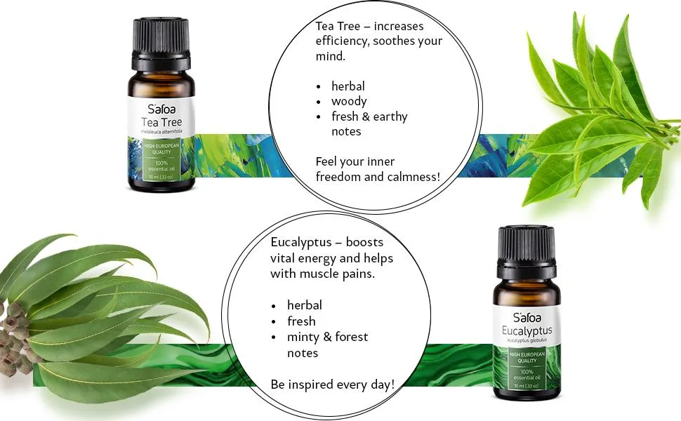 Essential Oils for Diffusers for Home - Set of 6 - Tea Tree, Rosemary, Lavender, Peppermint, Orange, Eucalyptus - Essential Oil Set - 4 Rotang Balls - Perfect Starter Gift Kit - Tea Tree, Eucalyptus, Lavender, Orange set of pure natural essential oils
