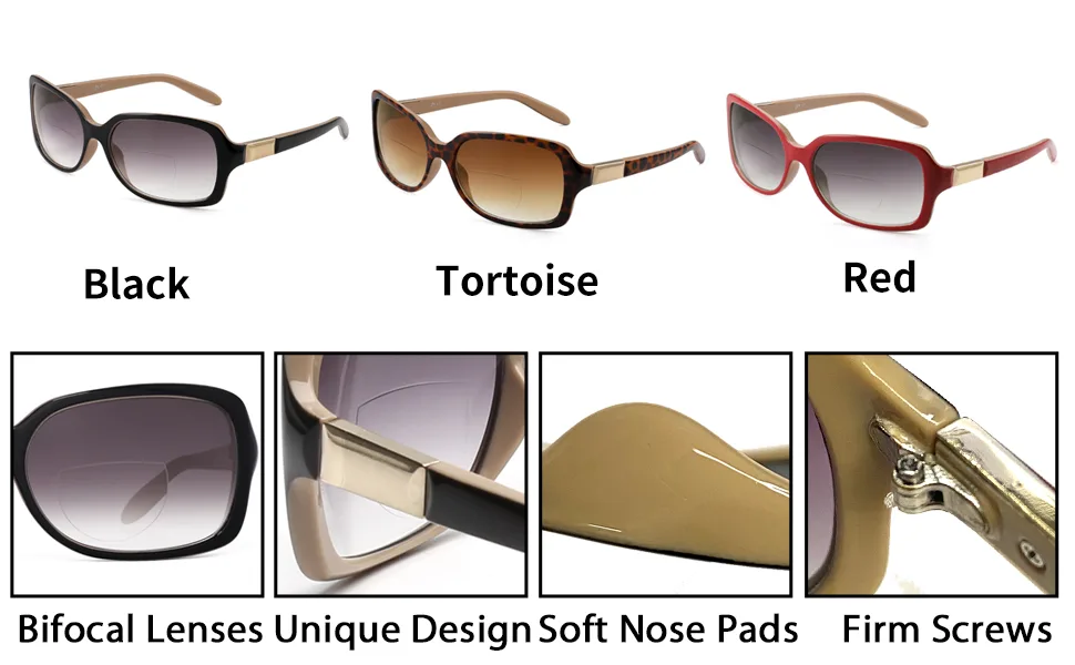 JM 2 Pack Classic Bifocal Reading Glasses Square Stylish Gradient Sunglasses Readers for Women +1.5 Black & Tortoise 1.5 x - 0062 bifocal readers
