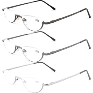 REAVEE 3-Pack Retro Designer Alloy Half Moon Reading Glasses Women Men Half Frame Spring Hinge Stylish Slim Reader with Pouch,Black,Grey and Silver,1.75 Black Grey Silver 1.75 x - 45 degree display