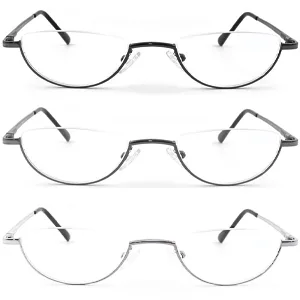 REAVEE 3-Pack Retro Designer Alloy Half Moon Reading Glasses Women Men Half Frame Spring Hinge Stylish Slim Reader with Pouch,Black,Grey and Silver,1.75 Black Grey Silver 1.75 x - reading glasses men
