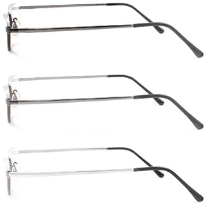 REAVEE 3-Pack Retro Designer Alloy Half Moon Reading Glasses Women Men Half Frame Spring Hinge Stylish Slim Reader with Pouch,Black,Grey and Silver,1.75 Black Grey Silver 1.75 x - Side display
