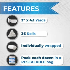 Conforming Stretch Gauze Bandage - 3" x 4.1 Yards Stretched -36 Rolls - Each ROLL Individually Wrapped-Light Compression -Latex Free-Multi Flexible ,Breathable & Stretchable - FEATURES