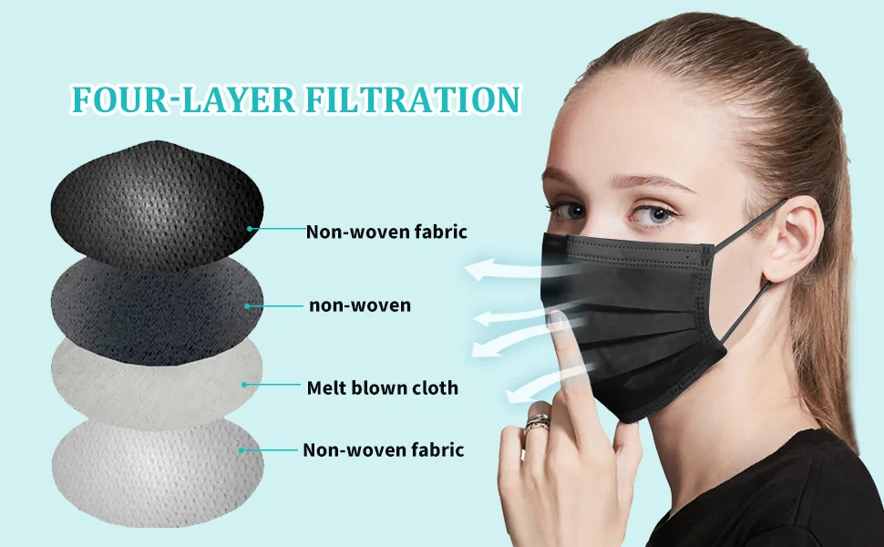Black Disposable Face Masks 4 Layers Protection 50Pcs, Breathable Dust Mask Mouth Covers for Adult - product information 2