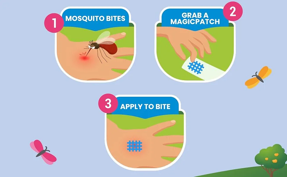 BuzzPatch Magic Patch Itch Relief Patches - 27 Patches - Chemical Free, Natural Itch Relief - Bug Bite Relief for Mosquitos, Ticks, Midges, Sandflies (1) - How to use