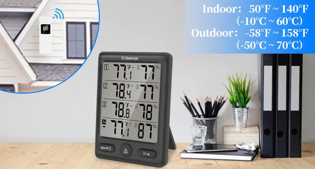 Geevon radio thermometer inside with 3 television sensors thermometer hygrometer moisture digital temperature and air humidity meter with 200ft/60m range (black) - außenthermometer funk