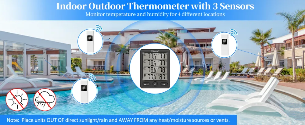 Geevon radio thermometer inside with 3 television sensors thermometer hygrometer moisture digital temperature and air humidity meter with 200ft/60m range (black) - innen aussen digital thermometer mit luftfeuchtigkeitsmesser