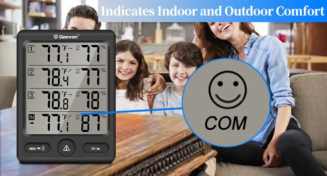 Geevon radio thermometer inside with 3 television sensors thermometer hygrometer moisture digital temperature and air humidity meter with 200ft/60m range (black) - raumthermometer innen