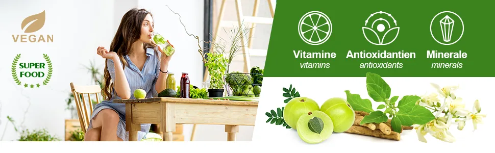 MORIVEDA well -being product package |Triphala tablets Moringa capsules Ashwagandha capsules |Vitamins minerals antioxidants Withhanolide secondary plant substances |Vegan - Banner