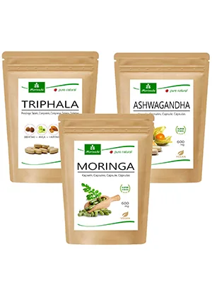 MORIVEDA well -being product package |Triphala tablets Moringa capsules Ashwagandha capsules |Vitamins minerals antioxidants Withhanolide secondary plant substances |Vegan - Produkt