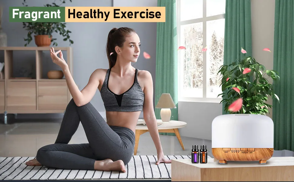 YIKUBEE Diffusers for Essential Oils Large Room, 500ml Diffuser with Essential Oils Included 6x10mL, Essential Oil Diffusers, Aromatherapy Diffuser, Humidifiers for Bedroom Wood Grain With Oils - Essential Oil Diffusers with Remote Control