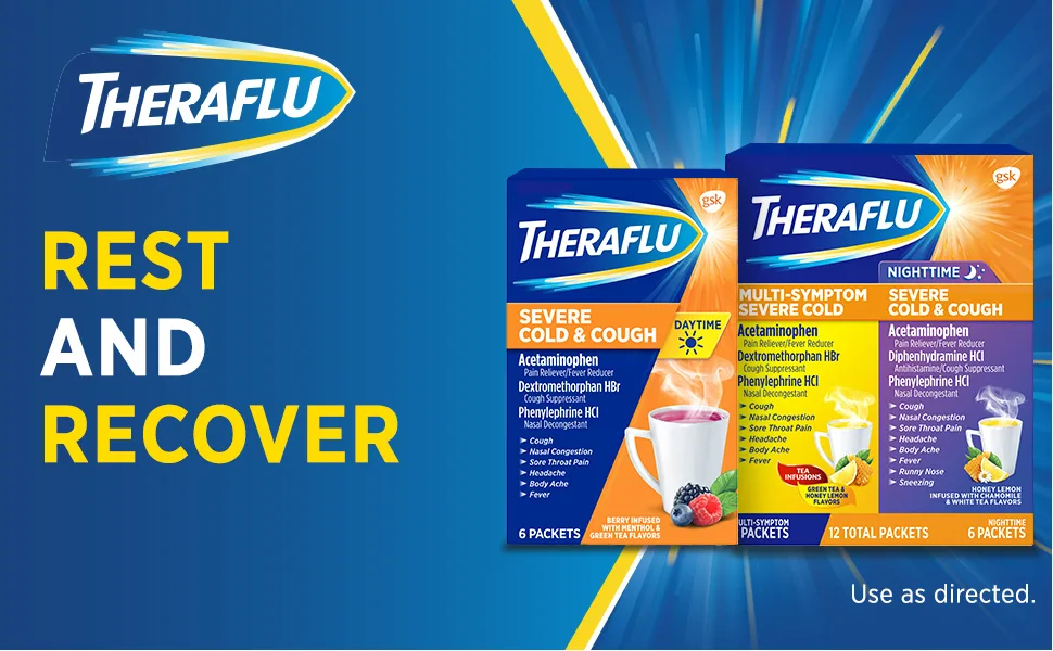 Theraflu Multi-Symptom Severe Cold and Severe Cold Cough Combo 12 ct Powder Plus Severe Cold Cough Daytime 6 ct Powder - theraflu rest and recover
