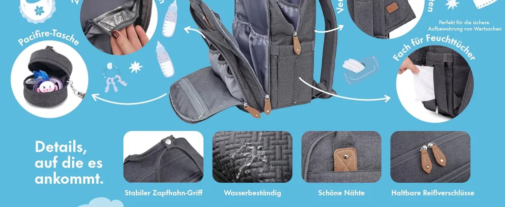 Dikaslon diaper bag Backpack Large diaper backpack with multifunction baby bags and mobile wrapping - pacifier holder and stroller belts - for mom and dad (gray) - Wickeltasche Rucksack
