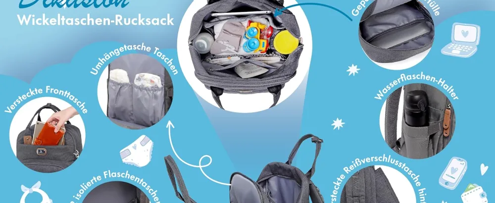 Dikaslon wrap bag Backpack Large wrap backpack with multifunction baby bags and mobile wrapping - pacifier holder and stroller belts - for mom and dad (green) - Wickeltasche Rucksack